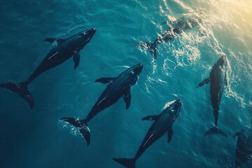 Obraz premium Dolphins Swimming in Clear Blue Waters During Sunset off the Coast of a Tropical Island