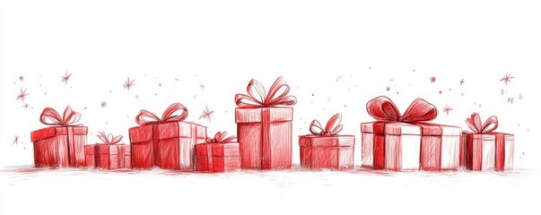 An illustration of Christmas gift boxes drawn in a continuous one-line style, isolated on a white background, capturing the festive spirit in a modern way. ,
