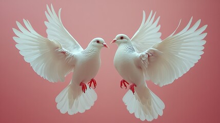 Obraz premium Two white pigeons fly between a heart shape on a pink background.
