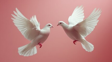 Obraz premium Two white pigeons fly between a heart shape on a pink background.