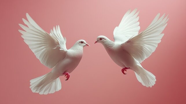 Two white pigeons fly between a heart shape on a pink background.