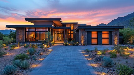 Upscale Arizona home at dusk, LED lights illuminate the driveway.