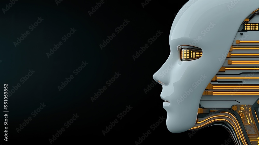Aufkleber this artwork features a 3d of a futuristic ai robot head in profile view