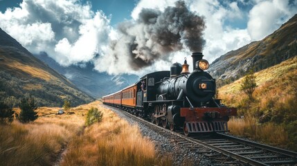Obraz premium A vintage steam locomotive chugging along the tracks surrounded by scenic mountains, evoking nostalgia for the golden age of rail travel.
