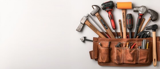 Craftsman's Essential Closeup of Leather Tool Belt with Assorted Tools on White, Craftsmanship Concept for DIY Projects