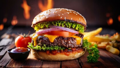 cheeseburger with meat, cheese and vegetables on a wooden background; burger; sandwich ingre