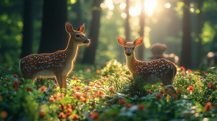 Fototapeta premium Fawn Family in the Golden Hour: Two young deer, dappled with spots, stand amidst a vibrant field of wildflowers, bathed in the warm glow of the setting sun.