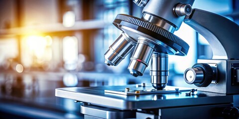 Close-up shot of microscope with metal lens in laboratory, microscope, metal lens, laboratory, science, research