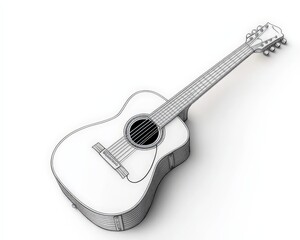Detailed Line Drawing of Acoustic Guitar on White Background - Stylish Musical Illustration for Brand Promotion and Website Design