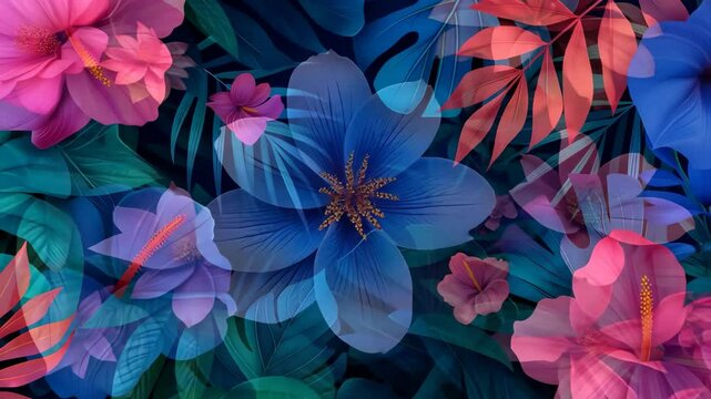 Vibrant Tropical Flower and Leaf Wallpaper Illustration Featuring Hibiscus and Exotic Foliage in Blues and Pinks on Dark Background