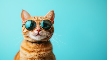 Close-up shot of a playful ginger cat with aviator sunglasses, isolated on a light cyan background. The cat's whiskers are highlighted, giving it a cool, stylish vibe. Plenty of co