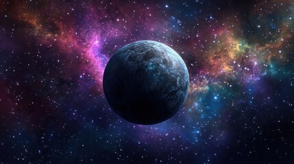 Obraz premium A single planet in a vast expanse of space with colorful nebulas and twinkling stars.