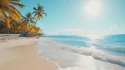 Sunny beach scene with golden sand, clear blue water, and palm trees swaying in the breeze