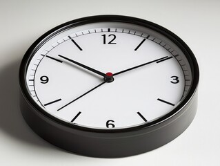 Elegant Black Round Analog Clock Close-Up on Minimalist White Background, Classic Timepiece for Design Inspiration and Product Photography