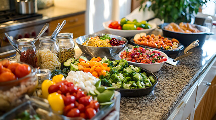 Healthy meal preparation with a variety of colourful, nutritious foods being arranged on a kitchen counter