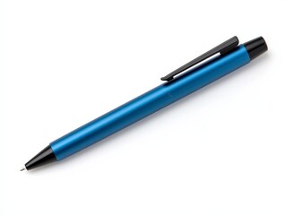 Elegant Blue Metallic Pen on Clean White Surface, Minimalist Office Stationery Concept