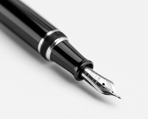 Elegant Closeup of Black and Silver Fountain Pen with Detailed Nib on White Surface - Luxury Writing Instrument for Editorial, Marketing, and Stationery Concepts (195 characters)
