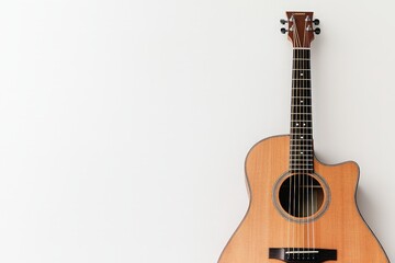Obraz premium Elegant Close-up of Warm Brown Acoustic Guitar on Minimalist White Background - Serene Musical Harmony