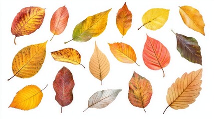 Obraz premium Isolated leaves. Collection of multicolored fallen autumn leaves isolated on white background