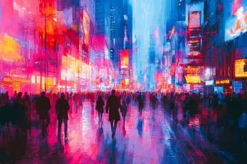 A futuristic digital art style painting showcasing a bustling crowd of people walking down a neon-lit city street. ,