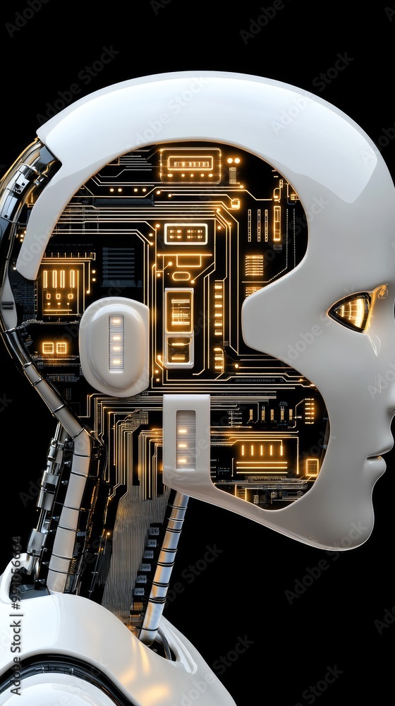 Aufkleber this artwork features a 3d of a futuristic ai robot head in profile view