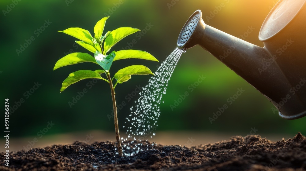 Poster a young tree being watered by hand using a small watering can, symbolizing the nurturing care needed