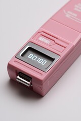 Elegant Pink Electronic Device Close-Up on White, Modern Digital Clock Display, Minimalist Design Concept