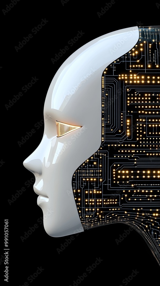 Poster this artwork features a 3d of a futuristic ai robot head in profile view
