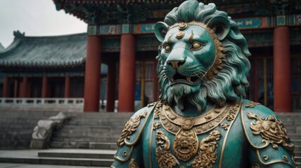 A fierce armored lion statue stands proudly before a grand building