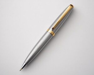 Elegant Silver Pen with Gold Band on White Background, Minimalistic Product Photography Concept