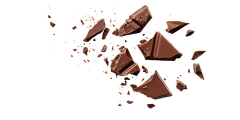 Broken chocolate pieces on transparent cutout background, PNG file. Mockup clipart template for artwork design