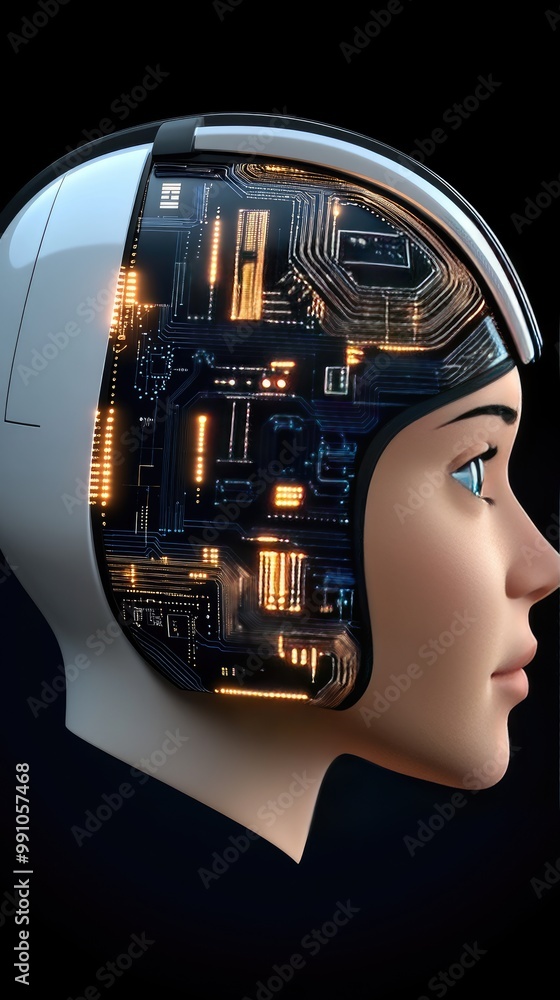 Aufkleber this artwork features a 3d of a futuristic ai robot head in profile view