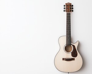 Fototapeta premium Elegant Wood Grain Acoustic Guitar Closeup on White Surface - Musical Tranquility and Simplicity Concept for Music Store Promotions