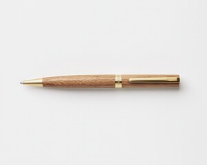 Elegant Wooden Pen with Gold Accents on Minimalist White Background - Luxurious Writing Instrument Concept for Advertising and Editorial Use