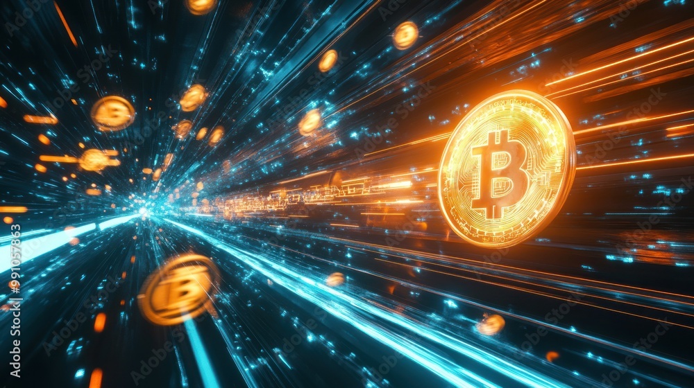 Poster a digital representation of bitcoin with glowing coins and lines suggesting speed and movement.