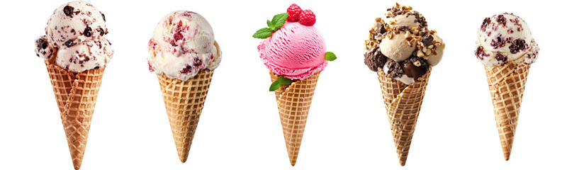 Ice cream scoop on waffle cone on transparent cutout background, PNG file. Mockup clipart template for artwork design
