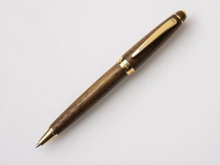 Fototapeta premium Elegant Wooden Pen with Gold Accents on White Surface - Luxury Writing Instrument for Marketing and Design