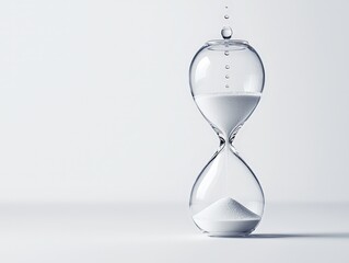 Ethereal Glass Hourglass with Falling Water Drop on Minimalist White Background - Tranquil Time Flow Concept for Productivity Designs
