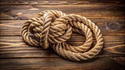 Obraz premium Close up of knotted jute rope bundle on brown board, jute, rope, knot, bundle, close up, texture, rough, natural, material, twine