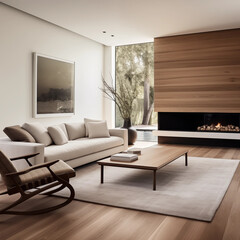 Fototapeta premium Modern Living Room Interior Design with Fireplace Sofa and Rocking Chair