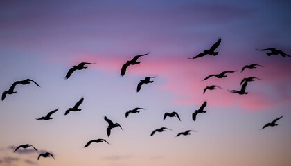 Fototapeta premium A flock of birds soars across the sky at twilight, their dark silhouettes standing out against the deepening shades of blue and purple.