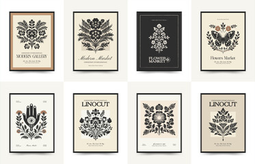 Abstract linocut floral posters template. Modern trendy minimal style. Black and white colors. Magic, mystical. Hand drawn design for wallpaper, wall decor, print, postcard, cover, template, banner.