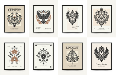Abstract linocut floral posters template. Modern trendy minimal style. Black and white colors. Magic, mystical. Hand drawn design for wallpaper, wall decor, print, postcard, cover, template, banner.