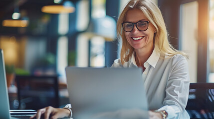 Smiling mature business woman executive working in office using laptop. Happy professional senior middle aged female worker wearing glasses and white shirt using computer sitting at wo. generative ai.