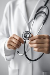 Medical Professional Closeup Hand Holding Reflective Stethoscope in Clinical Environment - Expertise and Care Concept