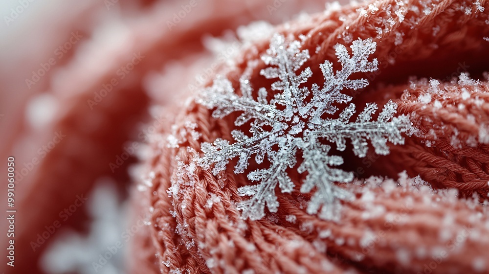 Poster close up macro of a snowflake on a red knitted fabric