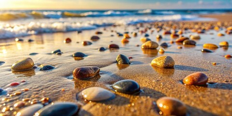Wet stones glistening on sandy beach , rocks, shore, water, ocean, natural, outdoor, coastal, peaceful, tranquil, serene