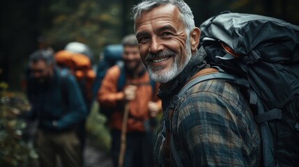 Obraz premium A man who is carrying a backpack is smiling joyfully while hiking in the woods
