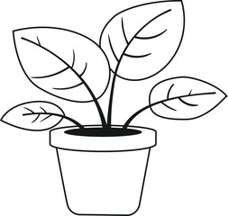 Plant in pot vector icon for home decoration. Houseplant black and white line illustration.