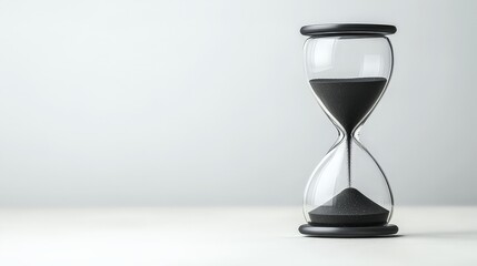 Minimalist Serenity Elegant Black Sand Hourglass on White Surface - Conceptual Timepiece for Efficiency and Focus